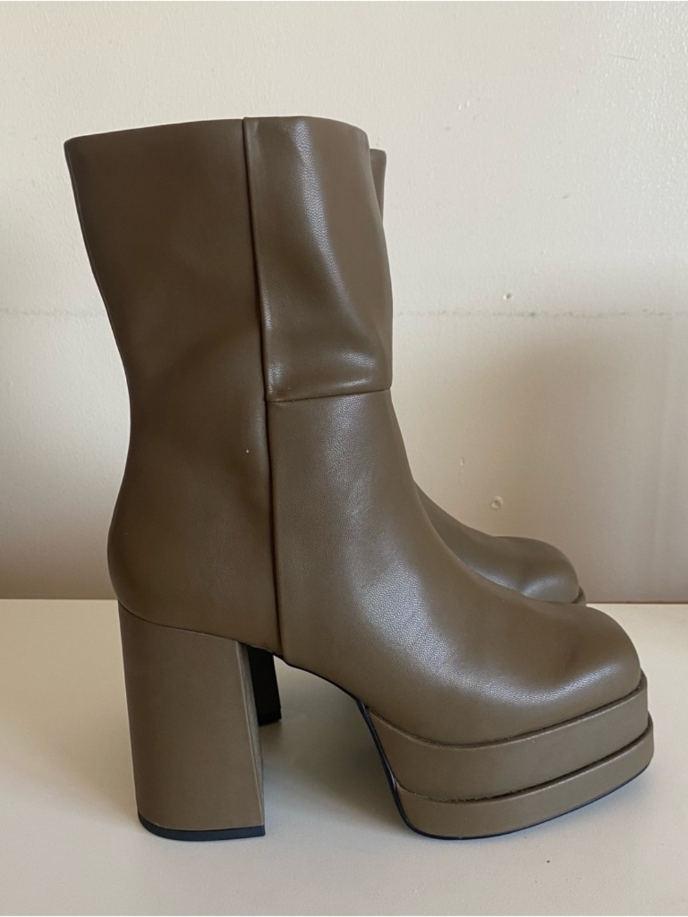 Platform Block Heel Mid-Calf Boots - Olive Taupe Size 7
